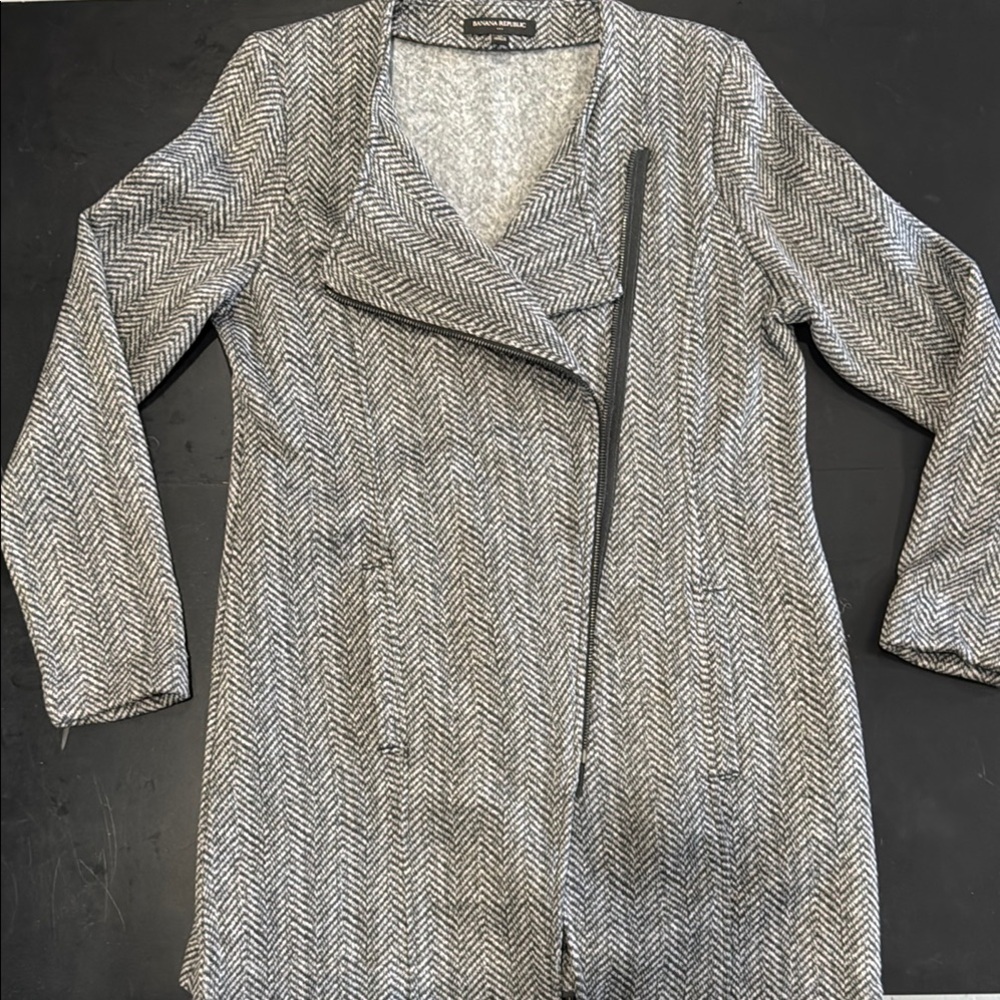 Banana Republic Gray and Black Herringbone Coat with Asymmetrical Collar